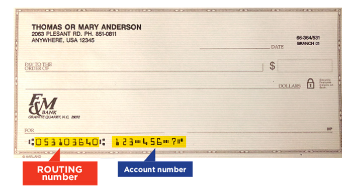 An example of a check with the routing number and account number highlighted. 