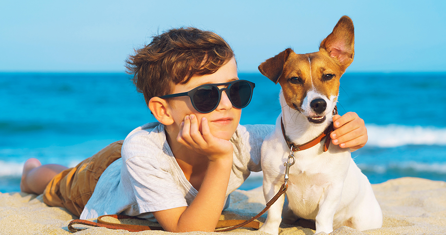 A young boy laying down on the beach with his dog